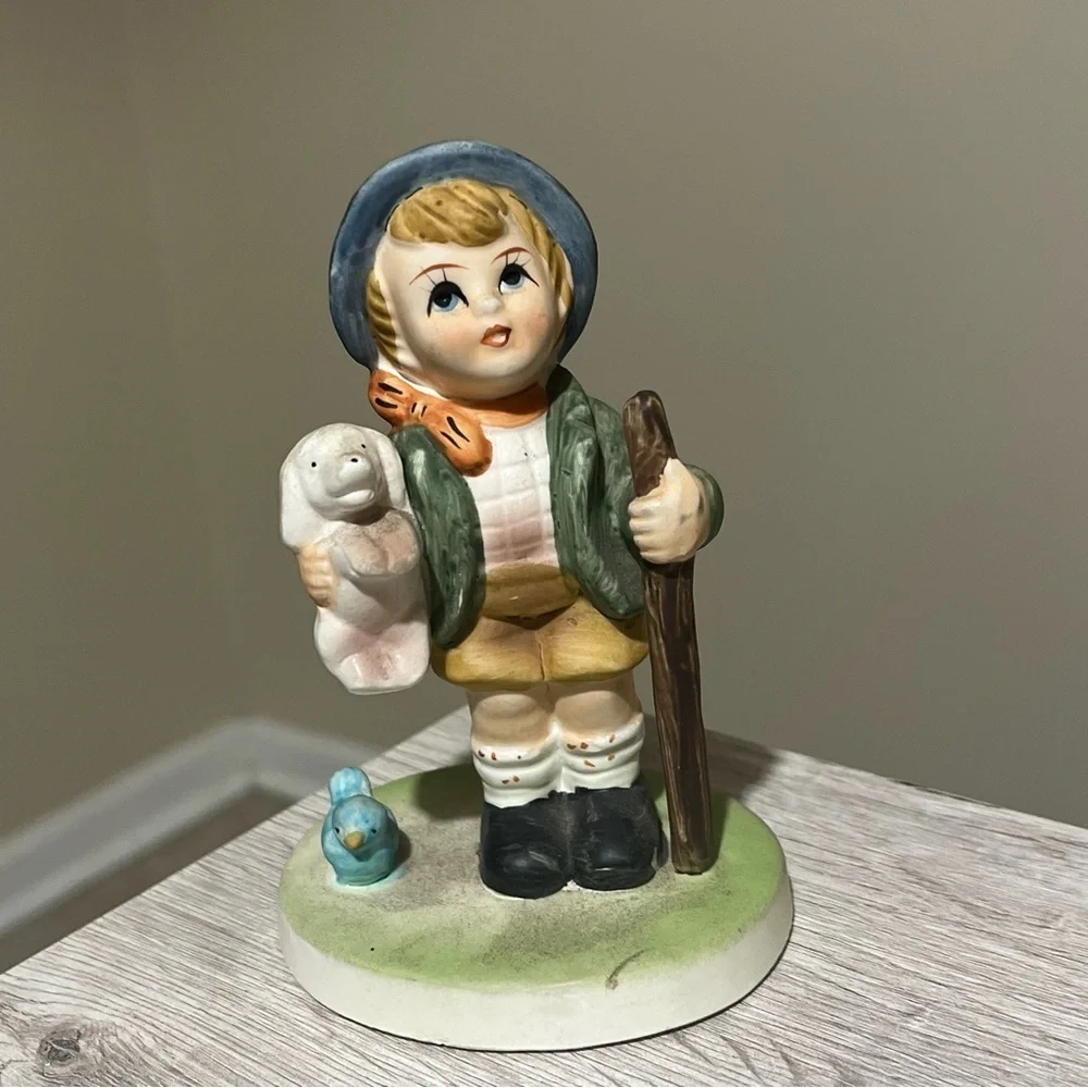 Vintage Boy Shepherd Hiker White Dog Blue Bird Figurine Collectible